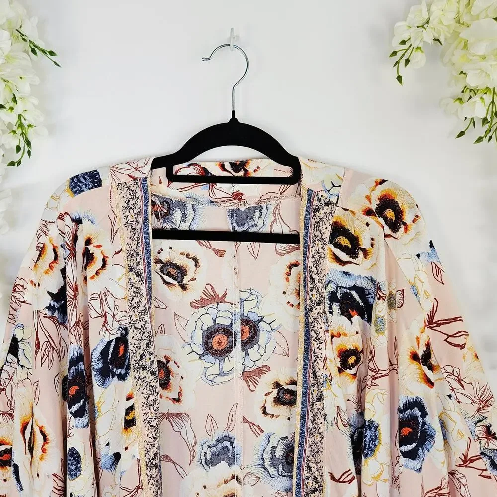 Maurices Pink Floral Peasant Sleeve Kimono XL Large Boho Spring Cover Up Cottage